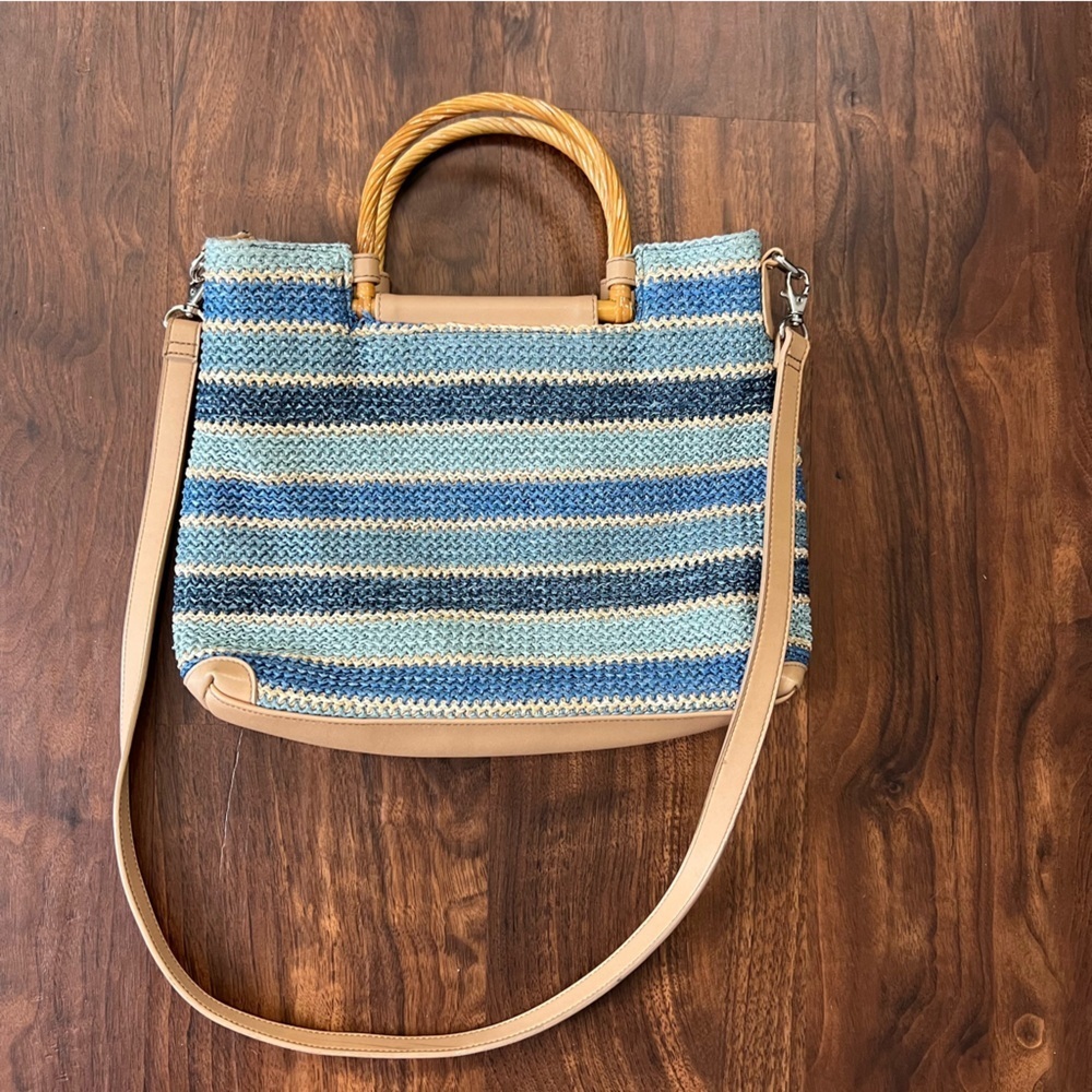 Marlo Blue Striped Faux Straw Handbag Purse Wooden Handles Crossbody